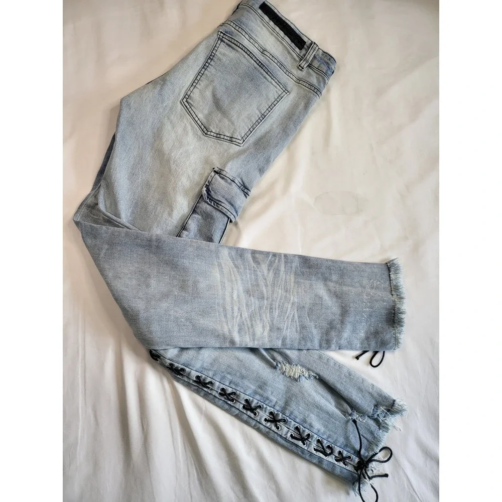 Y2K Rockstar Original Honor Mens Distressed Lace Up Cargo Jeans Light Blue 34